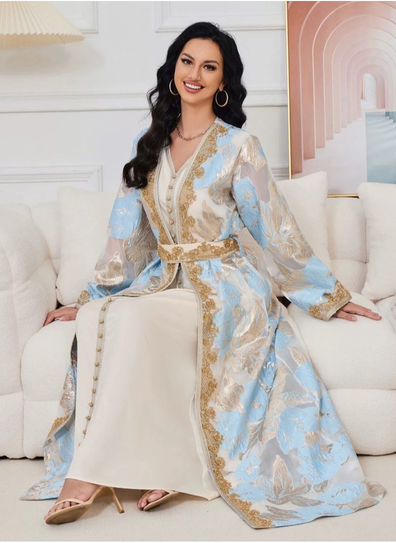 Womens Mesh Fabric Loose Fit Muslim Abaya 2 Piece Set Embroidered Nail Beaded Evening Dress Arabian Maxi Robe Light Blue