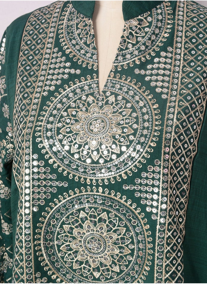 Womens Loose Fit Muslim AbayaEmbroider Sparkling Sequin Decoration Evening Dress Arabian Maxi Robe Dark Green
