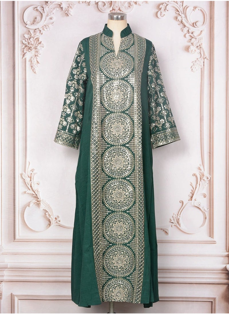 Womens Loose Fit Muslim AbayaEmbroider Sparkling Sequin Decoration Evening Dress Arabian Maxi Robe Dark Green