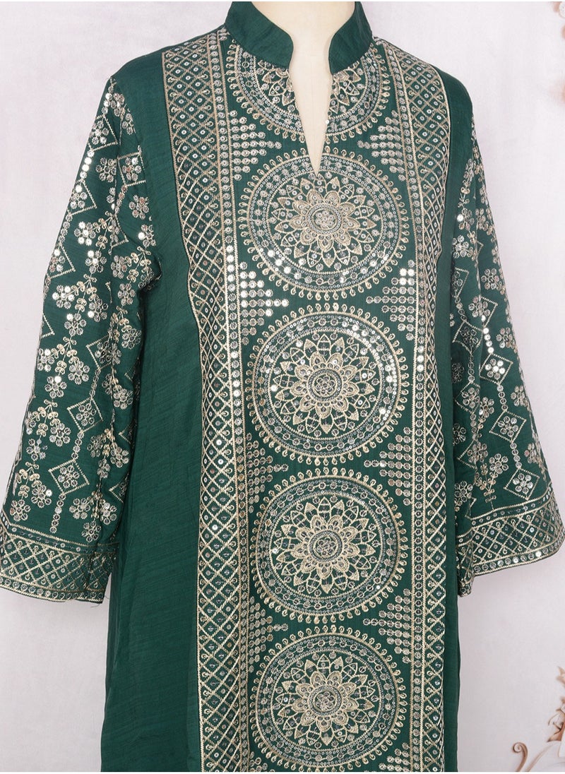 Womens Loose Fit Muslim AbayaEmbroider Sparkling Sequin Decoration Evening Dress Arabian Maxi Robe Dark Green