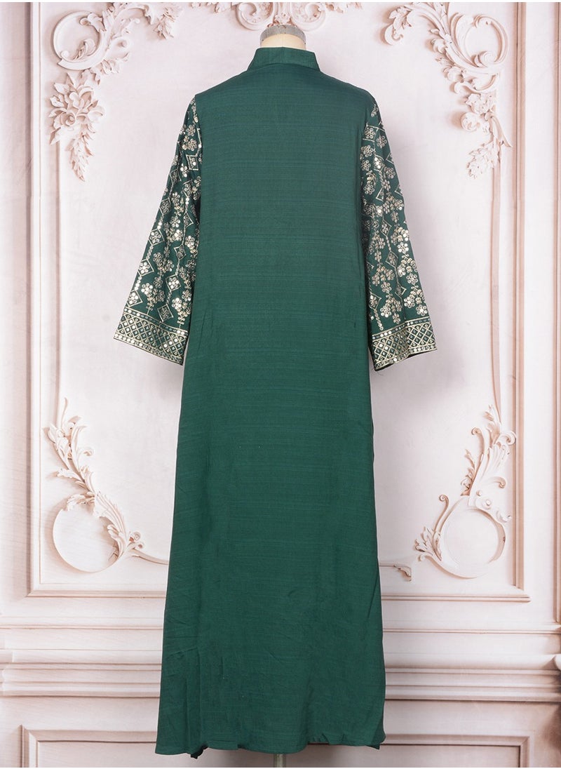 Womens Loose Fit Muslim AbayaEmbroider Sparkling Sequin Decoration Evening Dress Arabian Maxi Robe Dark Green
