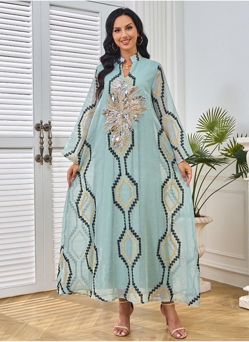Womens Mesh Fabric Loose Fit Muslim Abaya Embroidered Sequin Evening Dress Arabian Maxi Robe Greyish Green