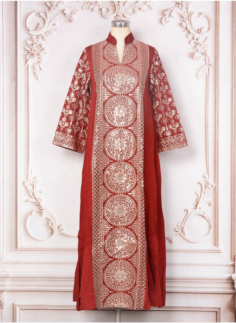 Womens Loose Fit Muslim AbayaEmbroider Sparkling Sequin Decoration Evening Dress Arabian Maxi Robe Red
