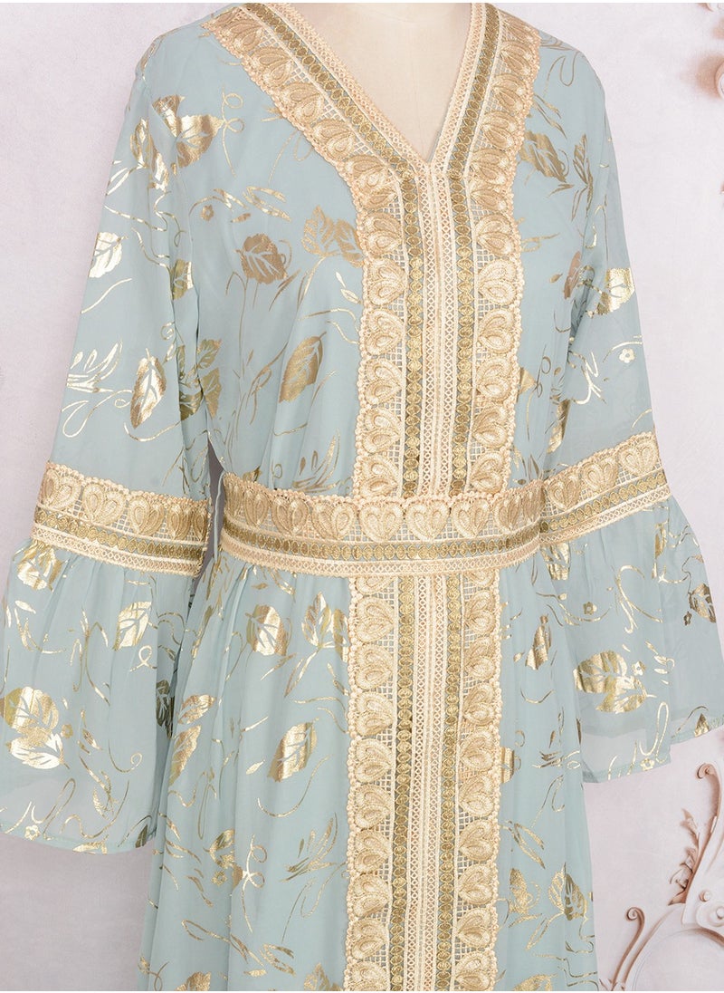 Womens Bronzing Printing Muslim Abaya Evening Dress Loose Fit Dress With Belt Arabian Maxi Robe Light Green