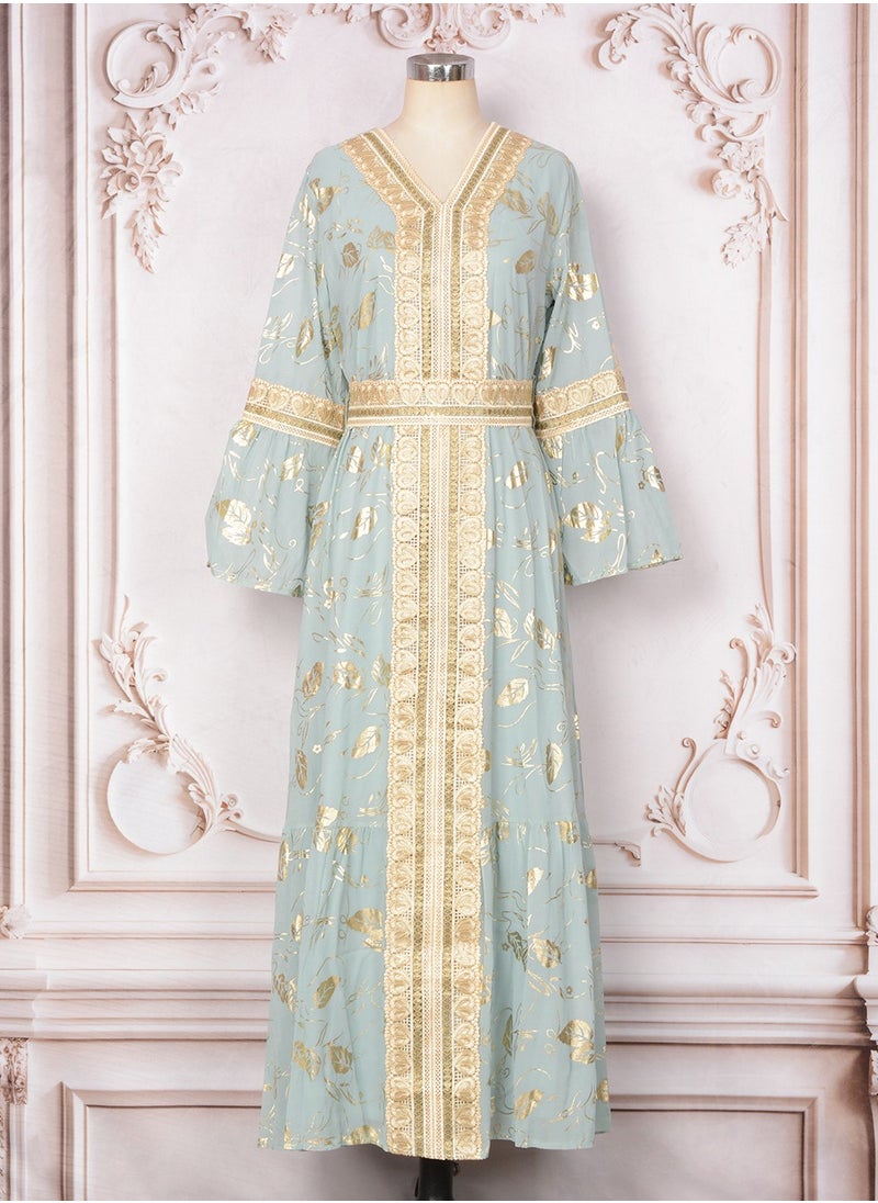 Womens Bronzing Printing Muslim Abaya Evening Dress Loose Fit Dress With Belt Arabian Maxi Robe Light Green