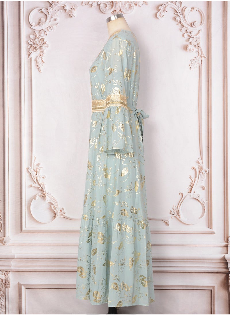 Womens Bronzing Printing Muslim Abaya Evening Dress Loose Fit Dress With Belt Arabian Maxi Robe Light Green