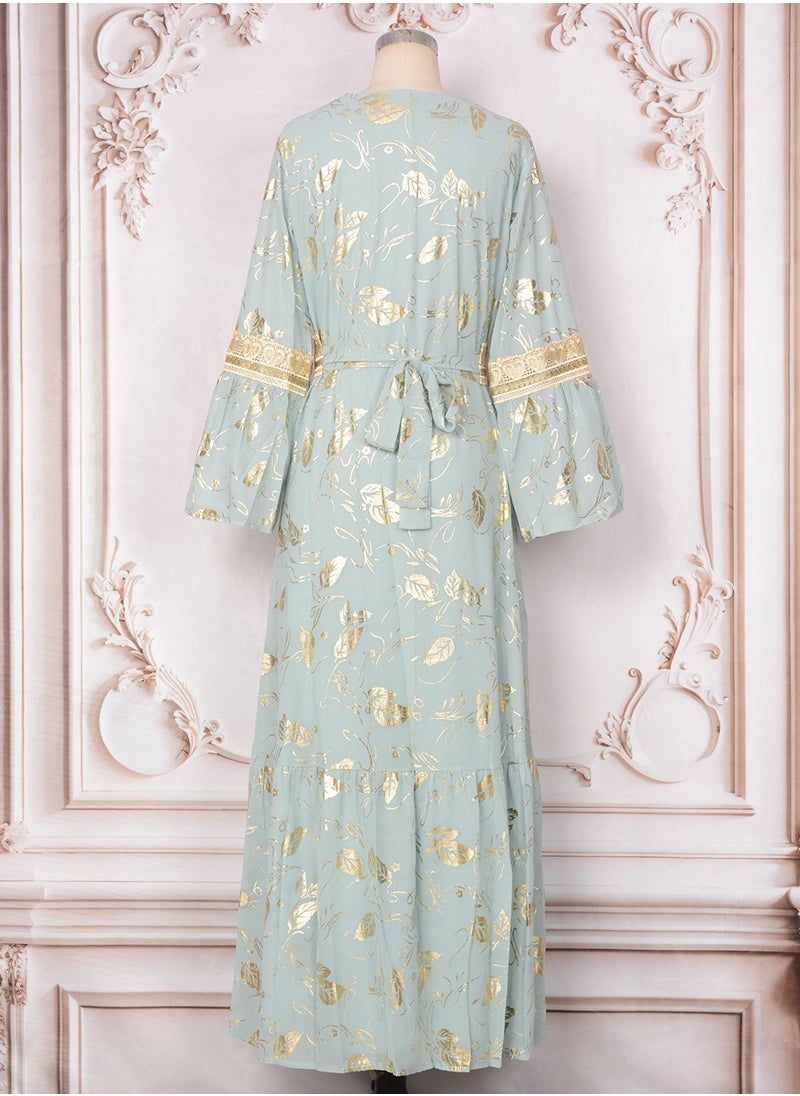 Womens Bronzing Printing Muslim Abaya Evening Dress Loose Fit Dress With Belt Arabian Maxi Robe Light Green
