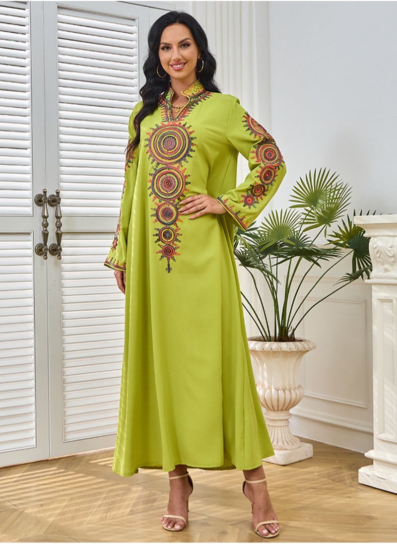 Womens Loose Fit Muslim Abaya Exquisite Cording Embroidery Evening Dress Arabian Maxi Robe Matcha Green