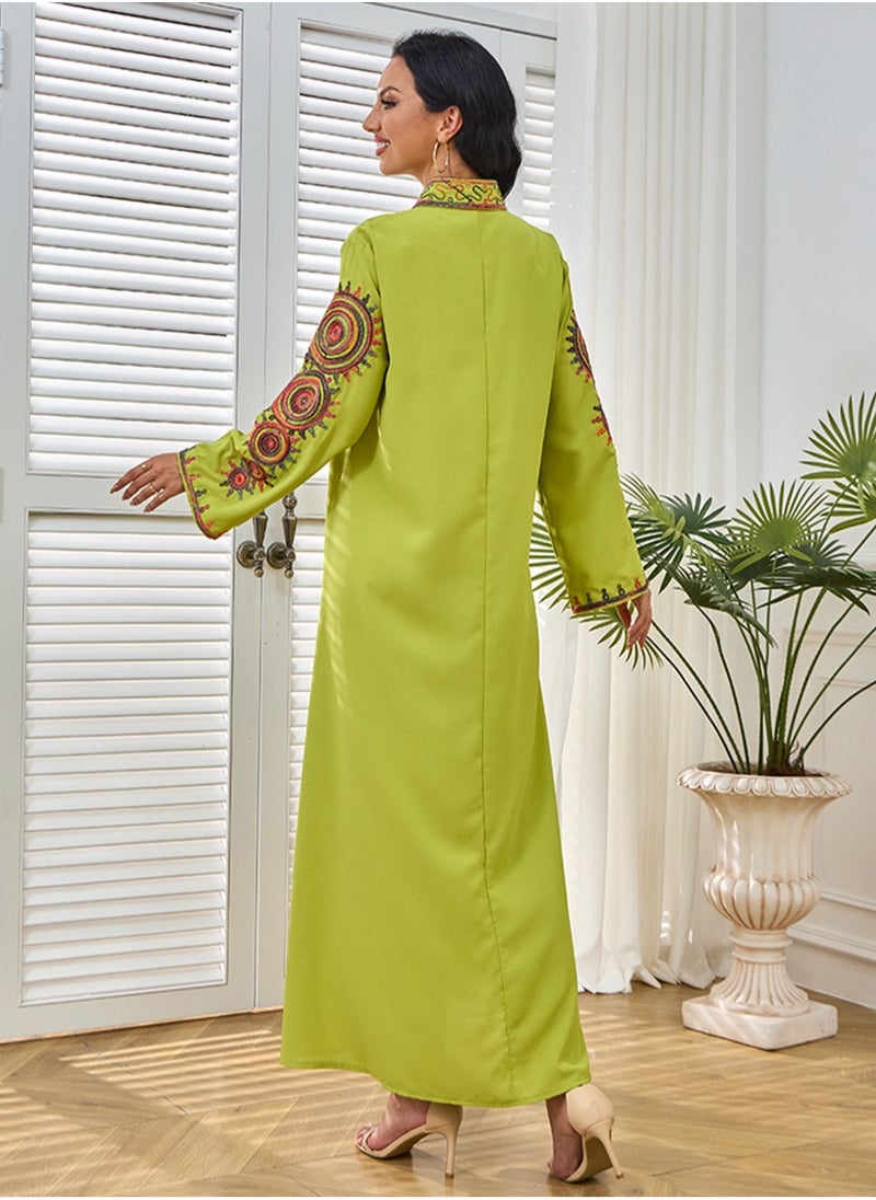 Womens Loose Fit Muslim Abaya Exquisite Cording Embroidery Evening Dress Arabian Maxi Robe Matcha Green