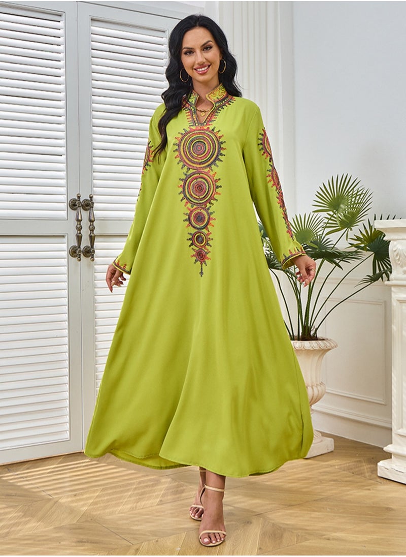 Womens Loose Fit Muslim Abaya Exquisite Cording Embroidery Evening Dress Arabian Maxi Robe Matcha Green