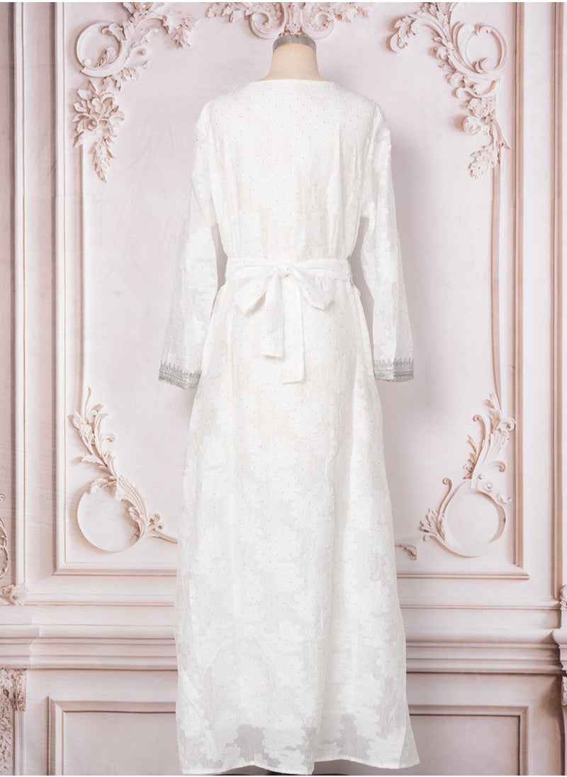 Womens Jacquard Weave Muslim Abaya Evening Dress Loose Fit Dress With Belt Arabian Maxi Robe White