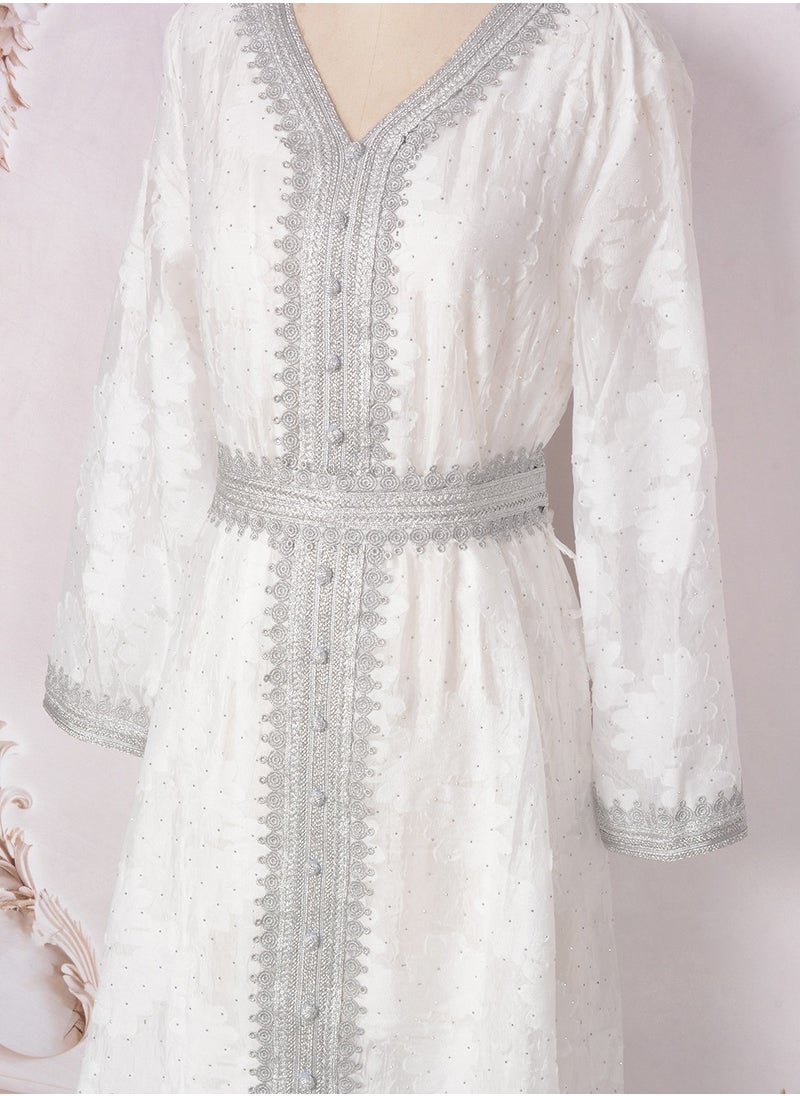 Womens Jacquard Weave Muslim Abaya Evening Dress Loose Fit Dress With Belt Arabian Maxi Robe White