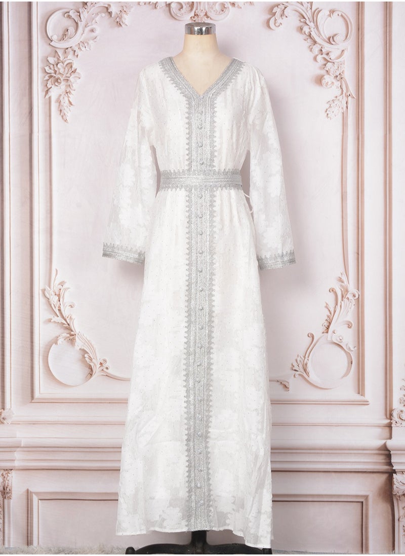 Womens Jacquard Weave Muslim Abaya Evening Dress Loose Fit Dress With Belt Arabian Maxi Robe White