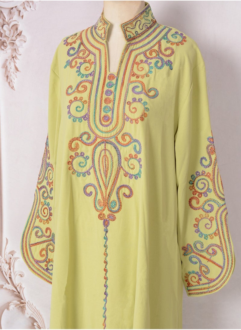 Womens Loose Fit Muslim Abaya Exquisite Cording Embroidery Evening Dress Arabian Maxi Robe Lemon Yellow