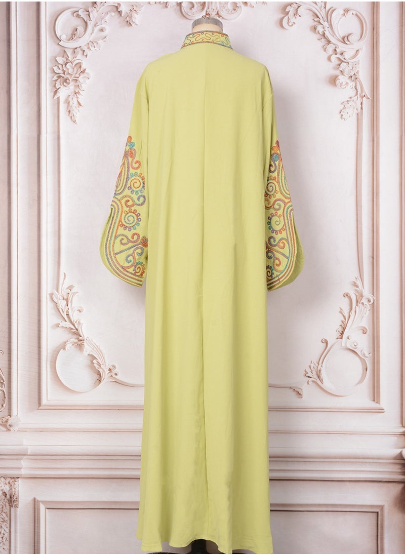 Womens Loose Fit Muslim Abaya Exquisite Cording Embroidery Evening Dress Arabian Maxi Robe Lemon Yellow