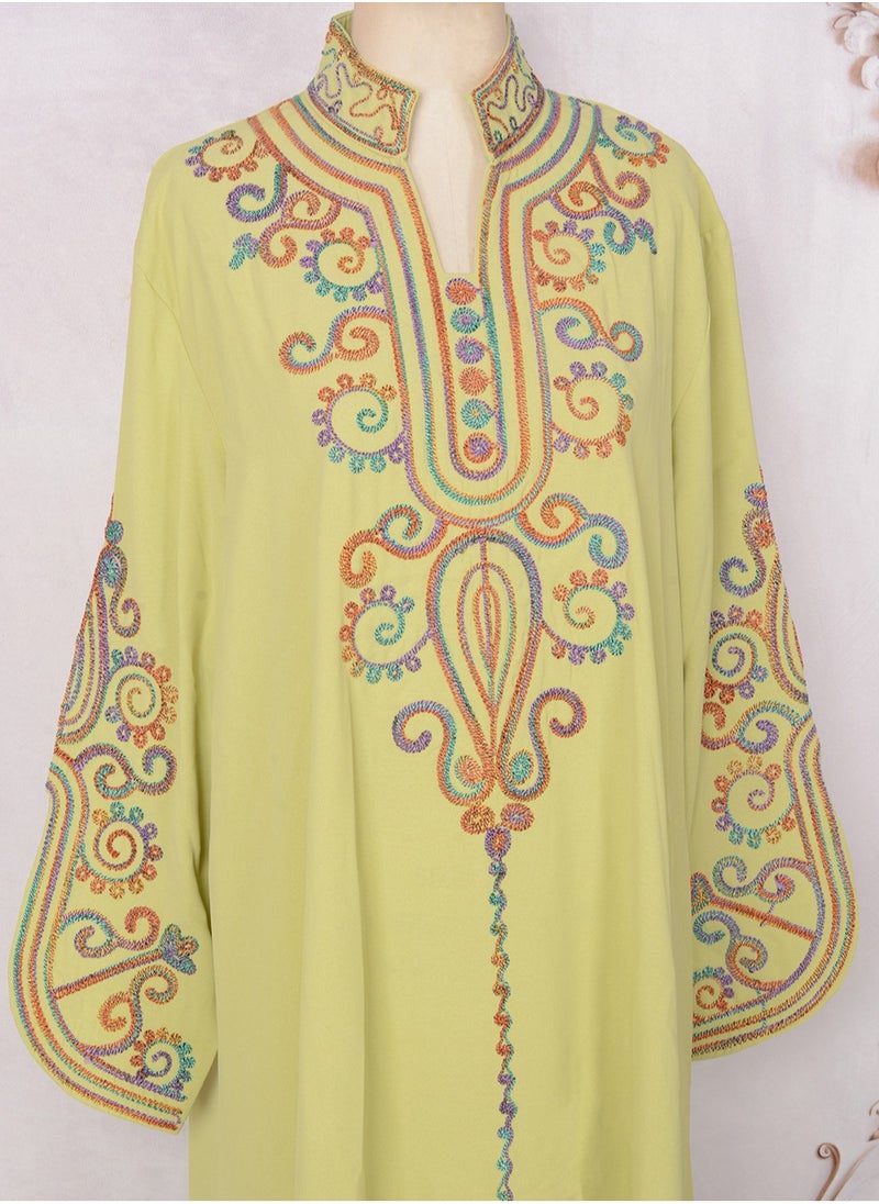 Womens Loose Fit Muslim Abaya Exquisite Cording Embroidery Evening Dress Arabian Maxi Robe Lemon Yellow
