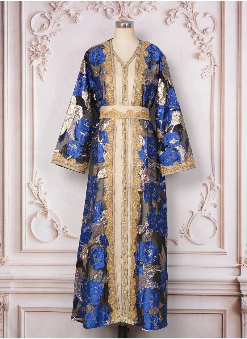 Womens Mesh Fabric Loose Fit Muslim Abaya 2 Piece Set Embroidered Nail Beaded Evening Dress Arabian Maxi Robe Blue