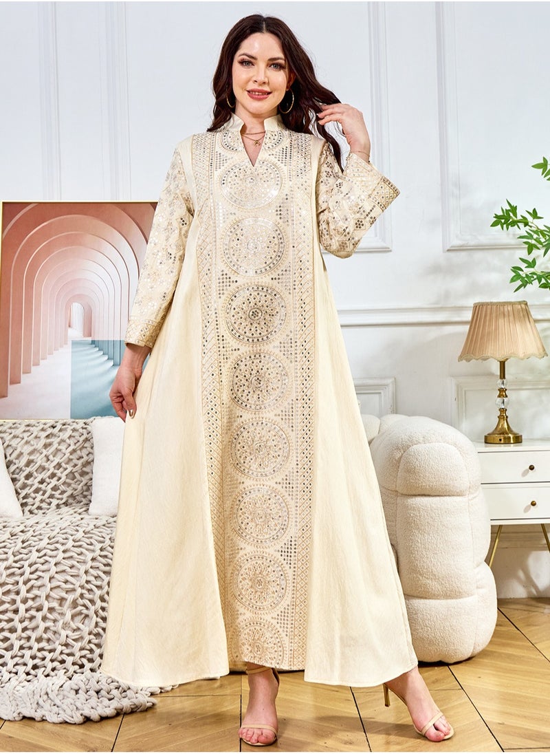 Womens Loose Fit Muslim AbayaEmbroider Sparkling Sequin Decoration Evening Dress Arabian Maxi Robe Apricot