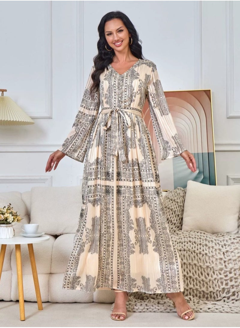 Womens Loose Fit Muslim Abaya Evening Dress Printed Dress With Belt Arabian Maxi Robe