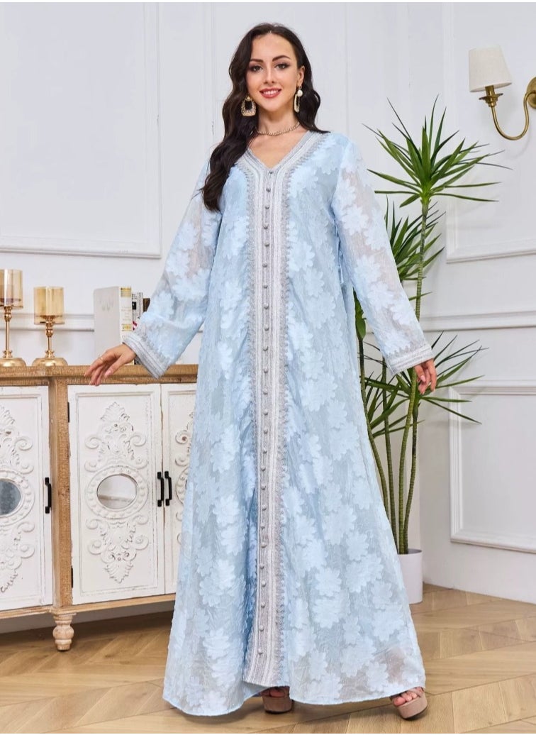 Womens Jacquard Weave Muslim Abaya Evening Dress Loose Fit Dress With Belt Arabian Maxi Robe Light Blue