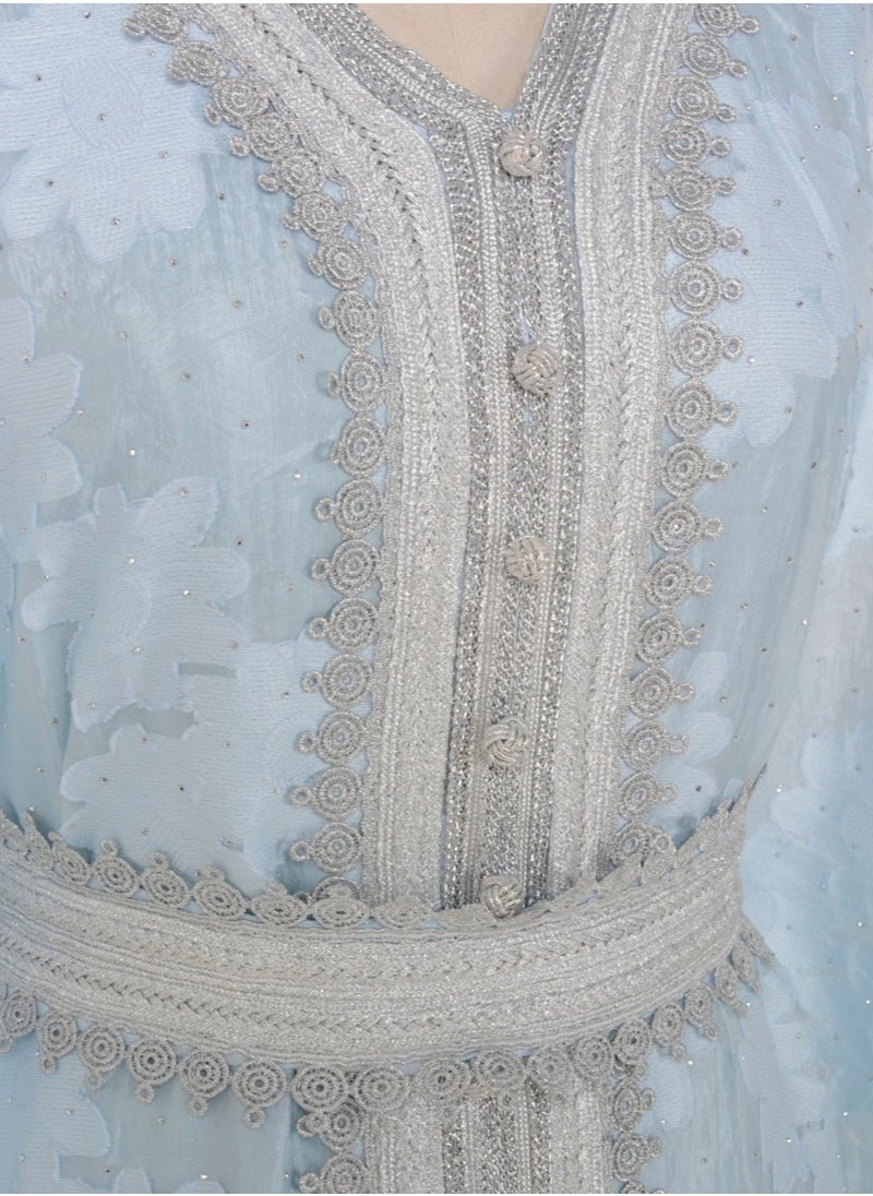 Womens Jacquard Weave Muslim Abaya Evening Dress Loose Fit Dress With Belt Arabian Maxi Robe Light Blue