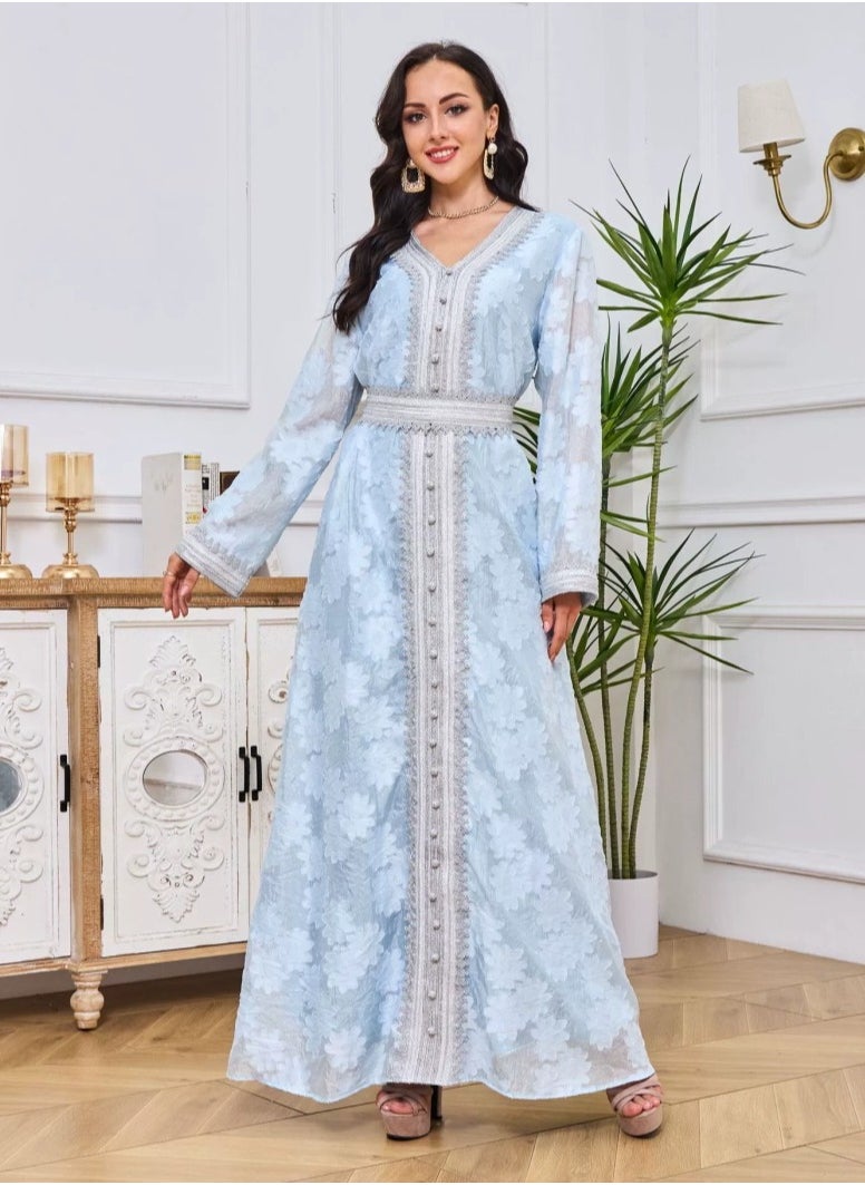 Womens Jacquard Weave Muslim Abaya Evening Dress Loose Fit Dress With Belt Arabian Maxi Robe Light Blue