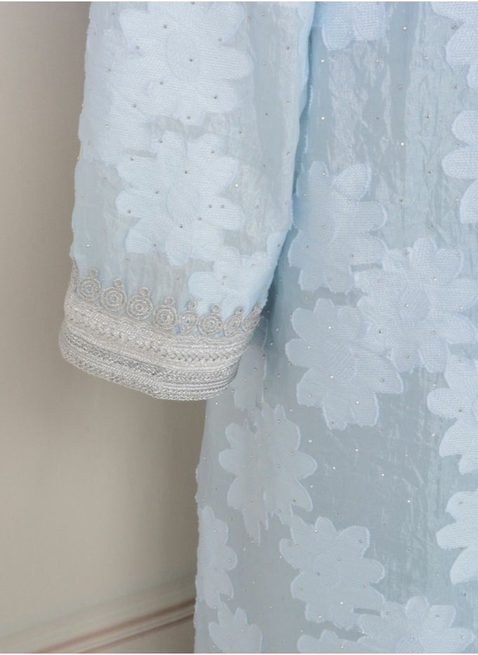 Womens Jacquard Weave Muslim Abaya Evening Dress Loose Fit Dress With Belt Arabian Maxi Robe Light Blue