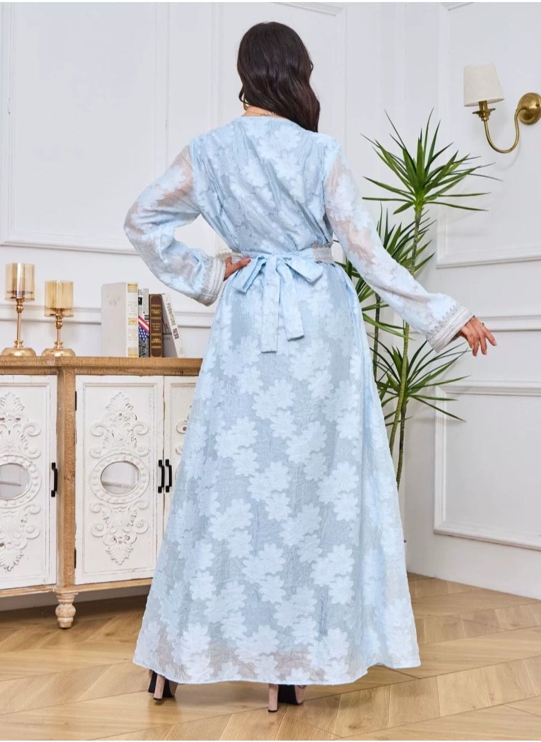 Womens Jacquard Weave Muslim Abaya Evening Dress Loose Fit Dress With Belt Arabian Maxi Robe Light Blue