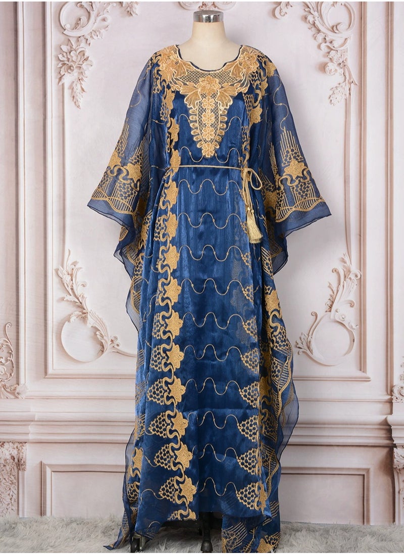 Womens Loose Fit Batwing Sleeve Muslim Abaya Two Piece Set Embroidered Sequin Evening Dress Arabian Maxi Robe Dark Blue