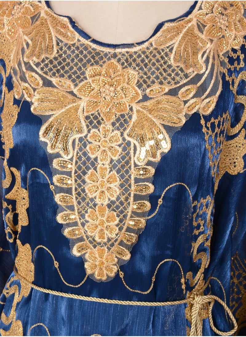 Womens Loose Fit Batwing Sleeve Muslim Abaya Two Piece Set Embroidered Sequin Evening Dress Arabian Maxi Robe Dark Blue
