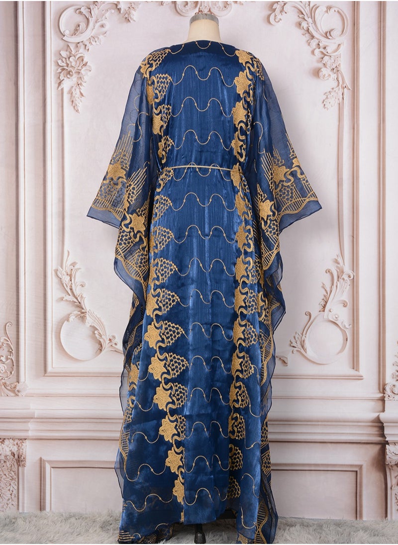 Womens Loose Fit Batwing Sleeve Muslim Abaya Two Piece Set Embroidered Sequin Evening Dress Arabian Maxi Robe Dark Blue