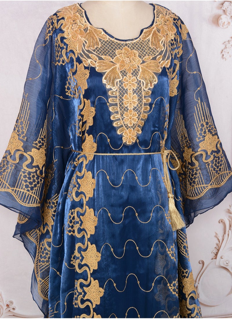 Womens Loose Fit Batwing Sleeve Muslim Abaya Two Piece Set Embroidered Sequin Evening Dress Arabian Maxi Robe Dark Blue