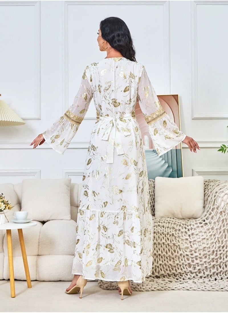 Womens Bronzing Printing Muslim Abaya Evening Dress Loose Fit Dress With Belt Arabian Maxi Robe White