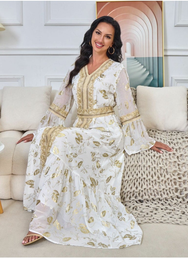 Womens Bronzing Printing Muslim Abaya Evening Dress Loose Fit Dress With Belt Arabian Maxi Robe White