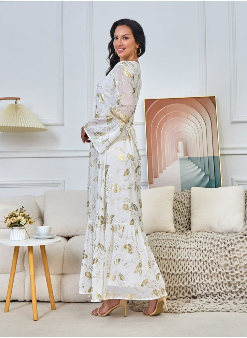 Womens Bronzing Printing Muslim Abaya Evening Dress Loose Fit Dress With Belt Arabian Maxi Robe White