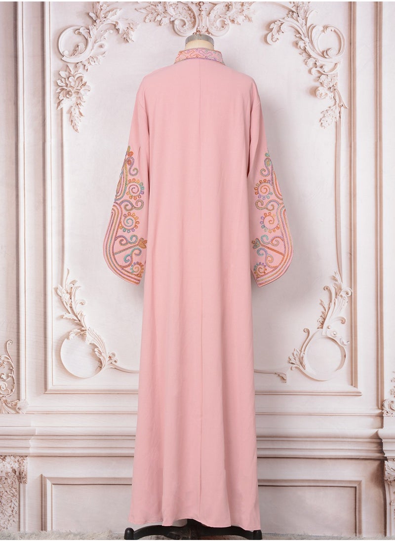 Womens Loose Fit Muslim Abaya Exquisite Cording Embroidery Evening Dress Arabian Maxi Robe Pink