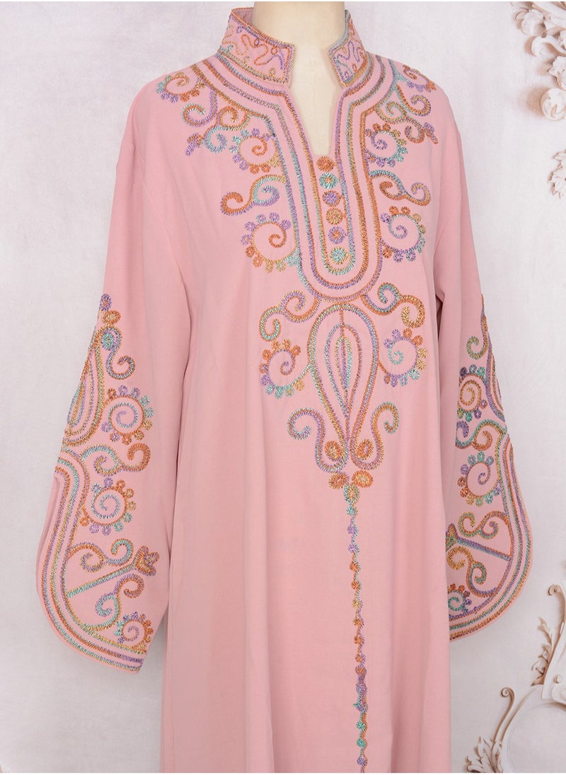 Womens Loose Fit Muslim Abaya Exquisite Cording Embroidery Evening Dress Arabian Maxi Robe Pink