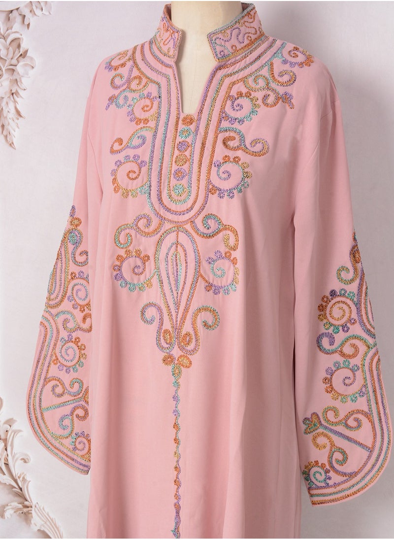 Womens Loose Fit Muslim Abaya Exquisite Cording Embroidery Evening Dress Arabian Maxi Robe Pink