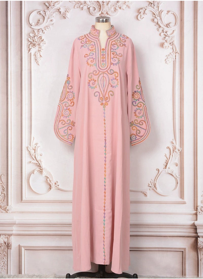 Womens Loose Fit Muslim Abaya Exquisite Cording Embroidery Evening Dress Arabian Maxi Robe Pink