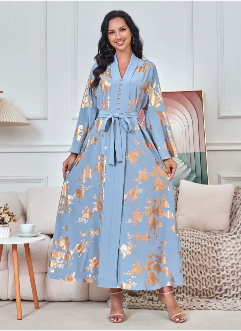 Womens V-Neck Flare Sleeve Bronzing Printing Muslim Abaya Evening Dress Loose Fit Dress Arabian Maxi Robe Blue