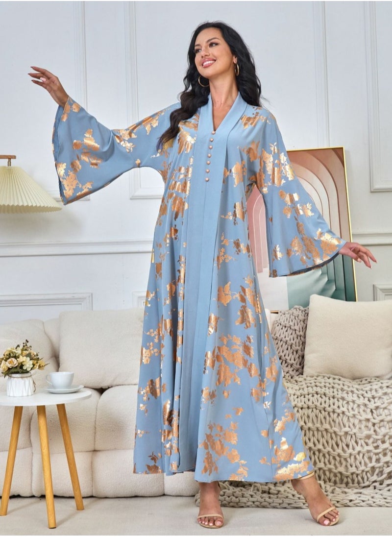 Womens V-Neck Flare Sleeve Bronzing Printing Muslim Abaya Evening Dress Loose Fit Dress Arabian Maxi Robe Blue