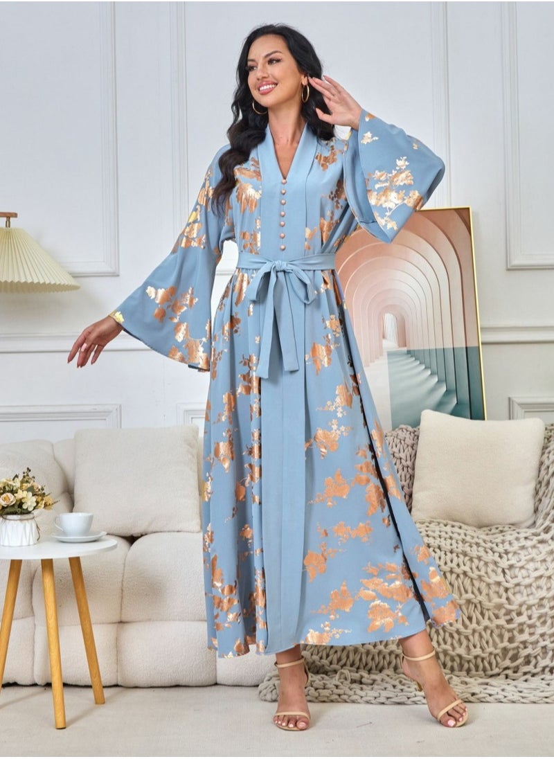 Womens V-Neck Flare Sleeve Bronzing Printing Muslim Abaya Evening Dress Loose Fit Dress Arabian Maxi Robe Blue