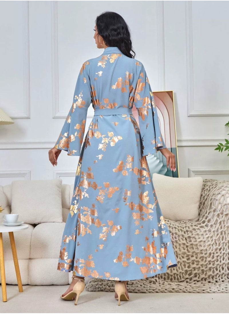 Womens V-Neck Flare Sleeve Bronzing Printing Muslim Abaya Evening Dress Loose Fit Dress Arabian Maxi Robe Blue