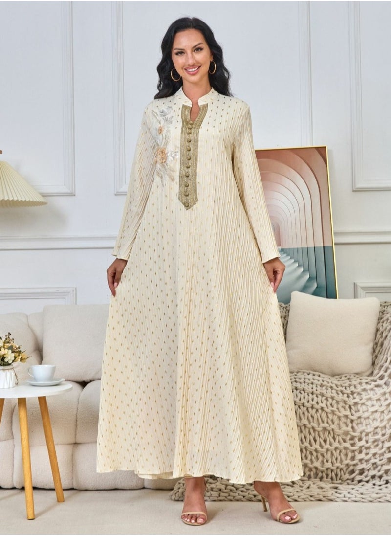 Ladies Exquisite Sequin Decoration Robe Elegant Long Dress Fashion Middle East Muslim Abaya Beige