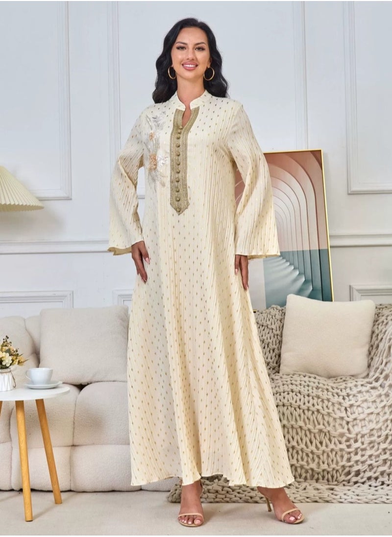 Ladies Exquisite Sequin Decoration Robe Elegant Long Dress Fashion Middle East Muslim Abaya Beige