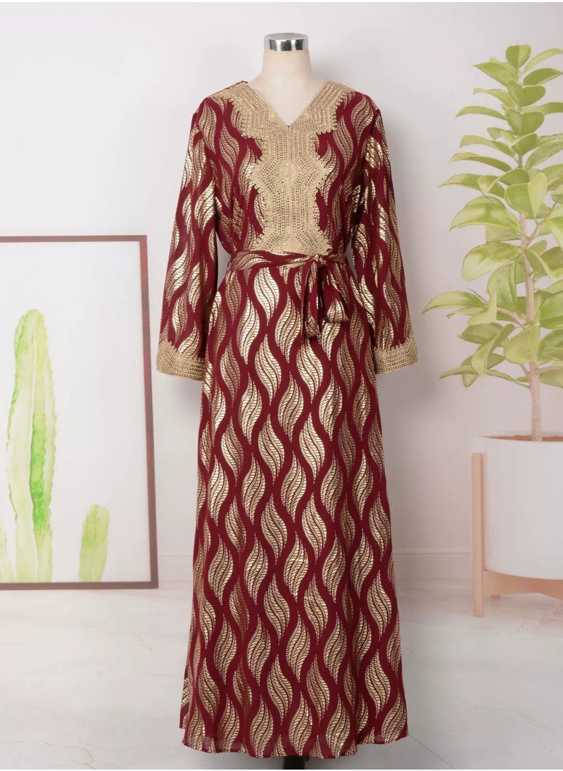 Womens V-Neck Bronzing Printing Muslim Abaya Evening Dress Loose Fit Dress Arabian Maxi Robe Red