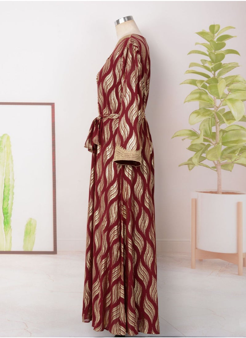 Womens V-Neck Bronzing Printing Muslim Abaya Evening Dress Loose Fit Dress Arabian Maxi Robe Red