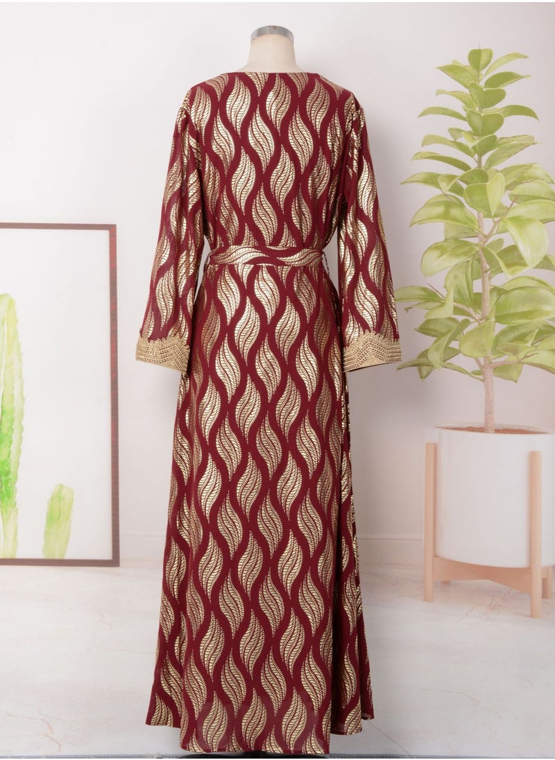 Womens V-Neck Bronzing Printing Muslim Abaya Evening Dress Loose Fit Dress Arabian Maxi Robe Red