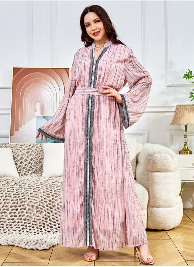 Ladies Exquisite Rhinestones Decoration Robe Elegant Loose Fit Long Dress Fashion Middle East Muslim Abaya Pink