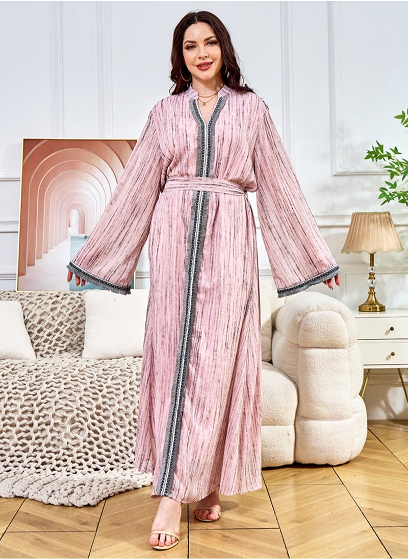 Ladies Exquisite Rhinestones Decoration Robe Elegant Loose Fit Long Dress Fashion Middle East Muslim Abaya Pink